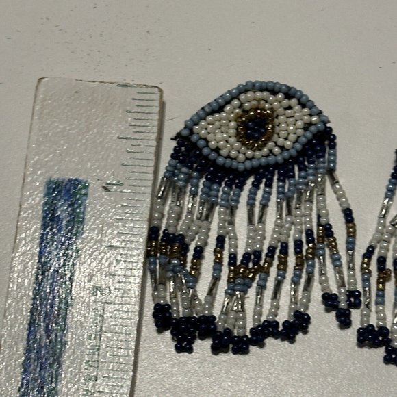 Evil Eye Pierced Earrings Large Statement Seed Bead on Leather Dangle Blue - Picture 3 of 4